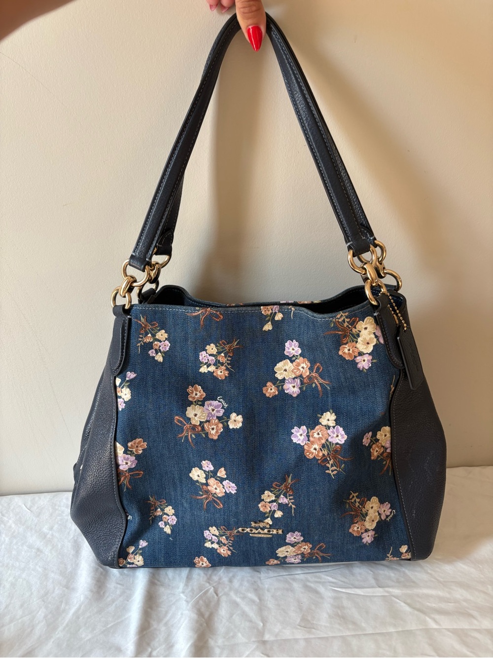 Coach Hallie Shoulder Bag Denim Floral Bouquet Print Navy Leather